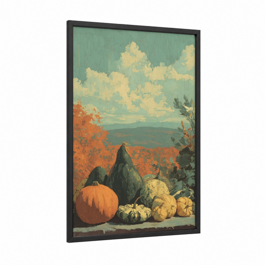 Autumn Harvest Abundance framed thanksgiving print — black wood frame — orange and teal palette