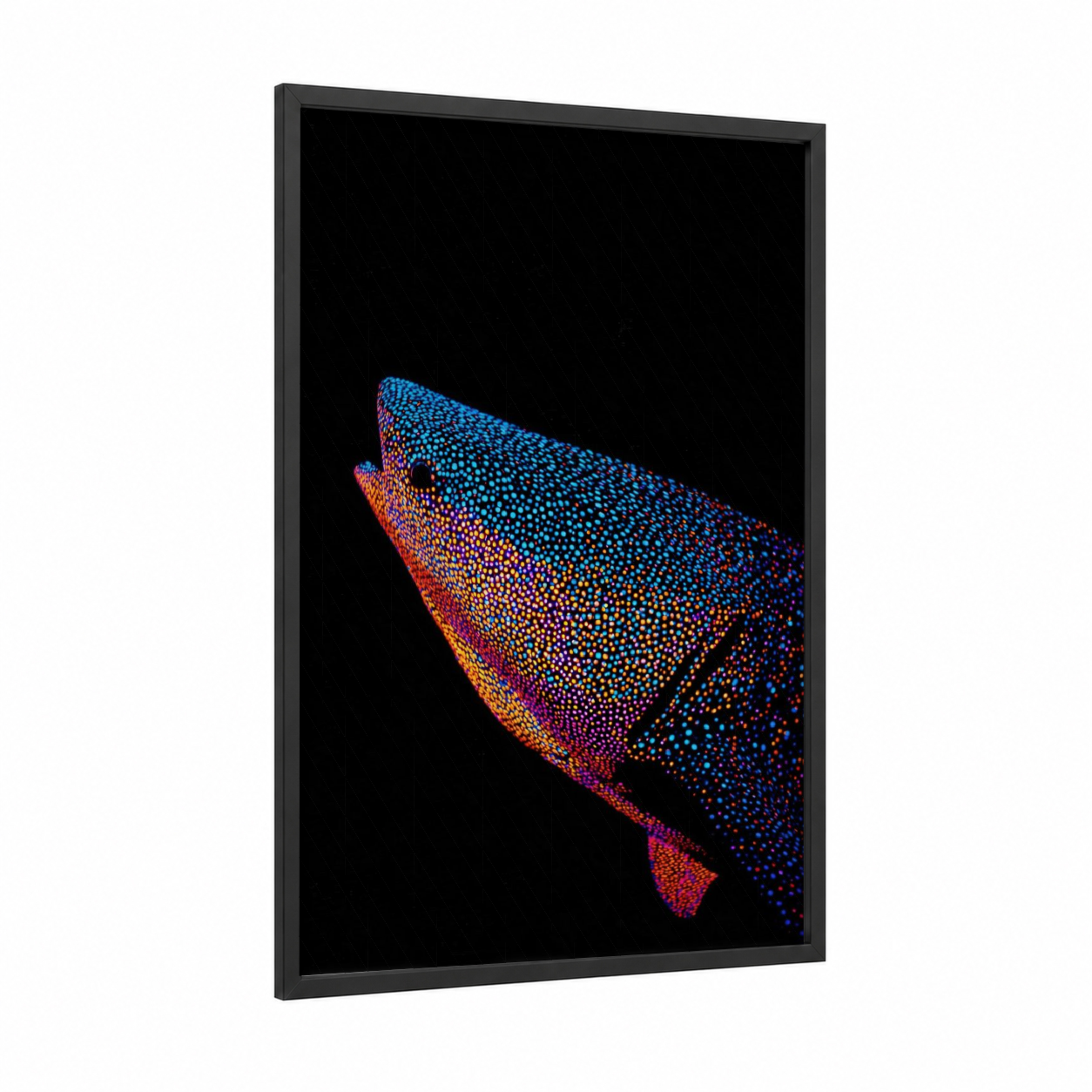 Neon Whale Shark framed art print — black wood frame — blue and orange palette