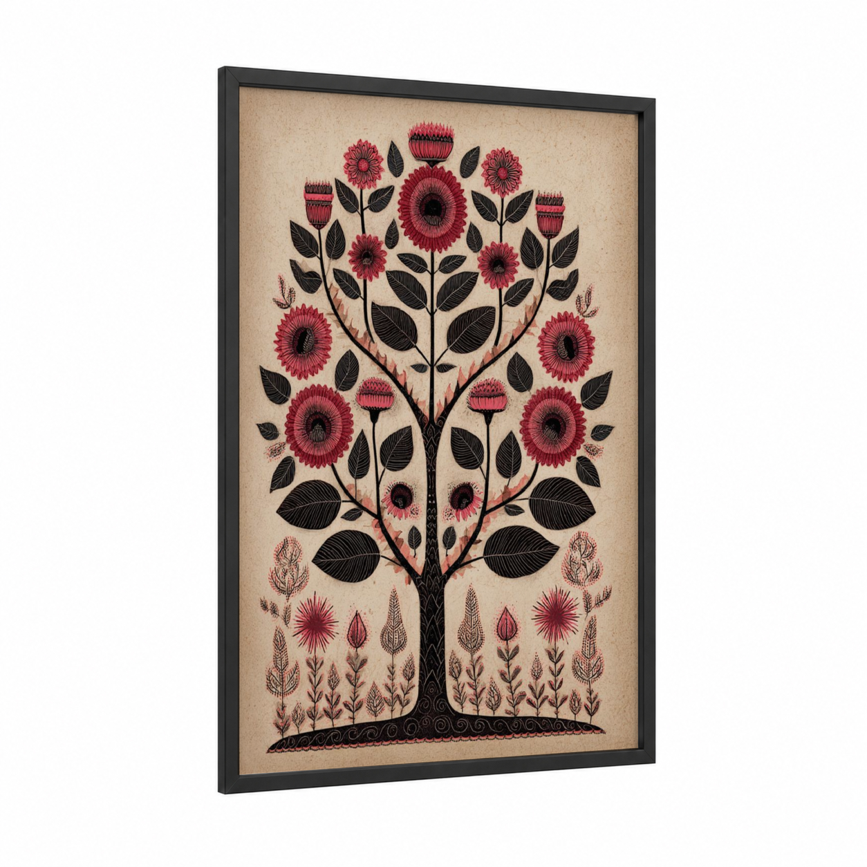 Crimson Bloom Tree framed abstract flower print — black wood frame — black palette