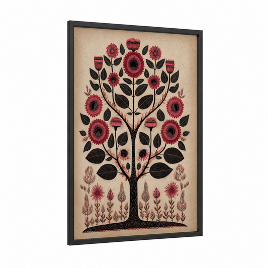 Crimson Bloom Tree framed abstract flower print — black wood frame — black palette