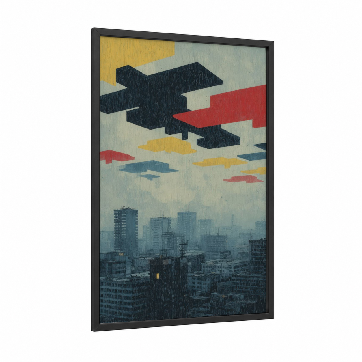UFO Invasion framed art print — black wood frame — blue and gold and red palette