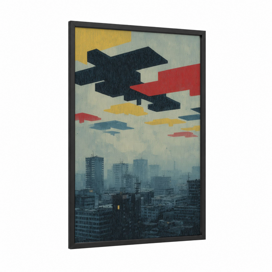 UFO Invasion framed art print — black wood frame — blue and gold and red palette