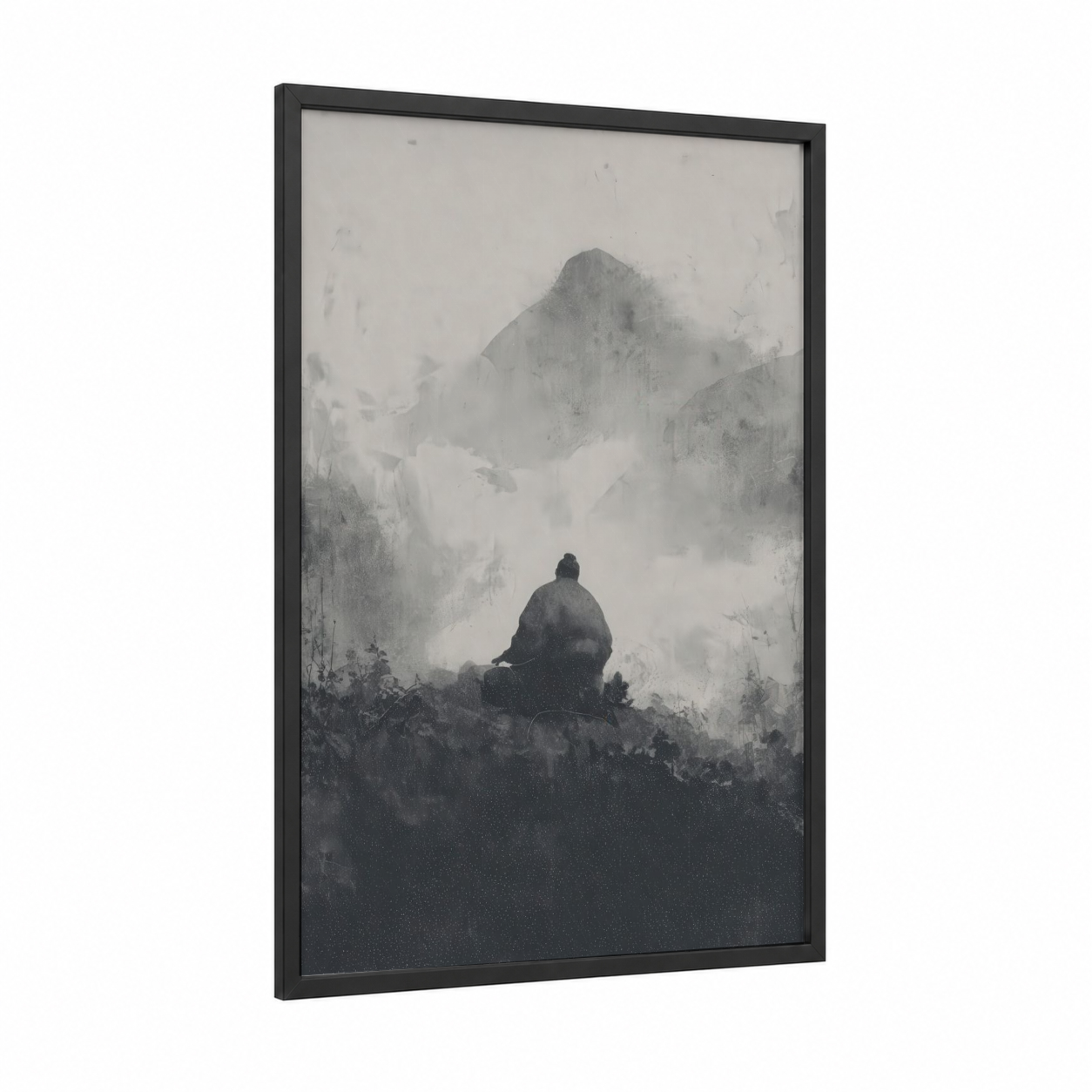 Misty Sumo Warrior framed art print — black wood frame — gray and white and black palette