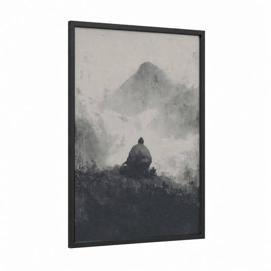 Misty Sumo Warrior framed art print — black wood frame — gray and white and black palette