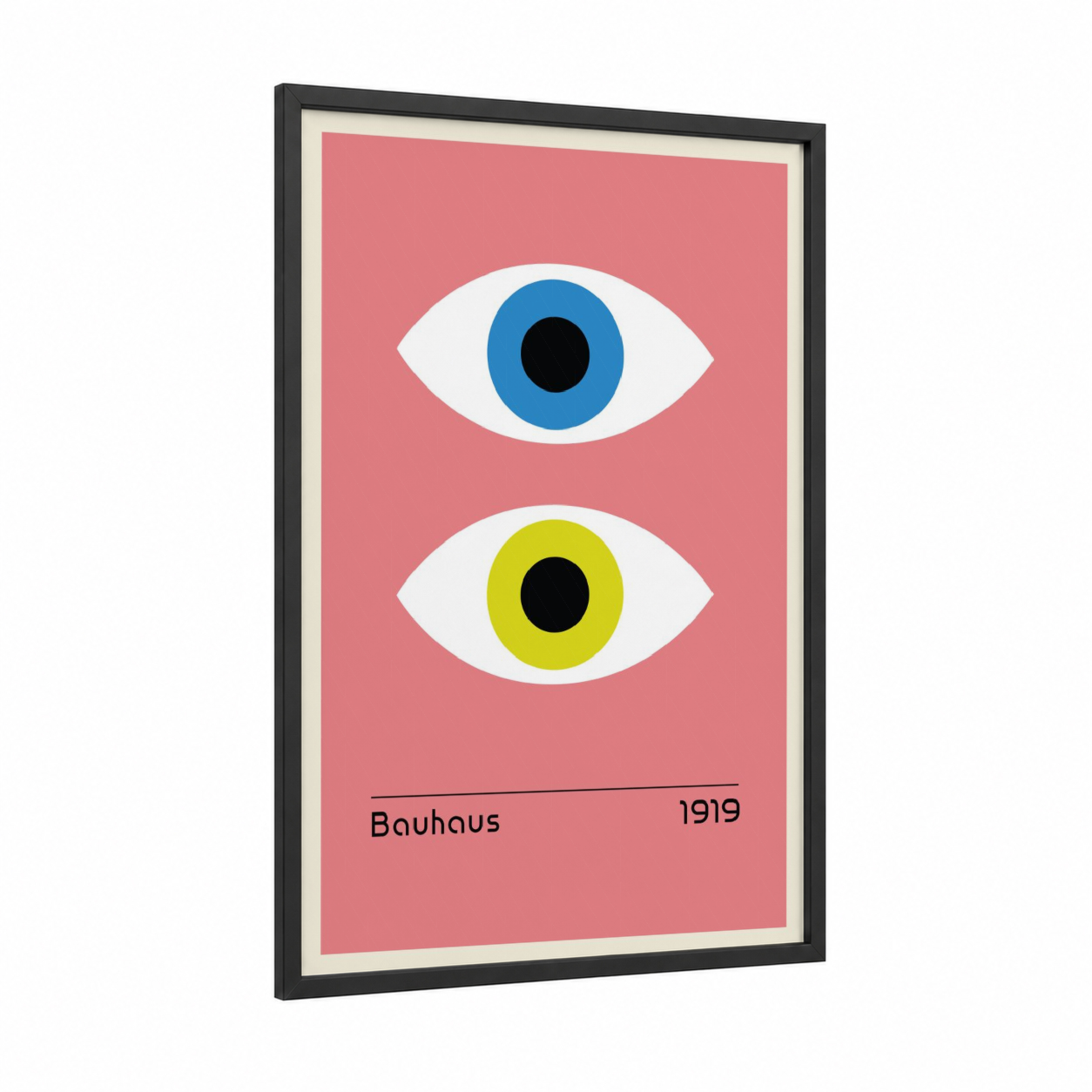 Dual Vision Bauhaus framed abstract geometric print — black wood frame — salmon pink and blue palette
