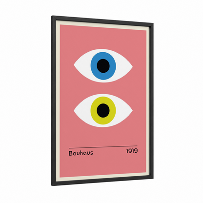 Dual Vision Bauhaus framed abstract geometric print — black wood frame — salmon pink and blue palette