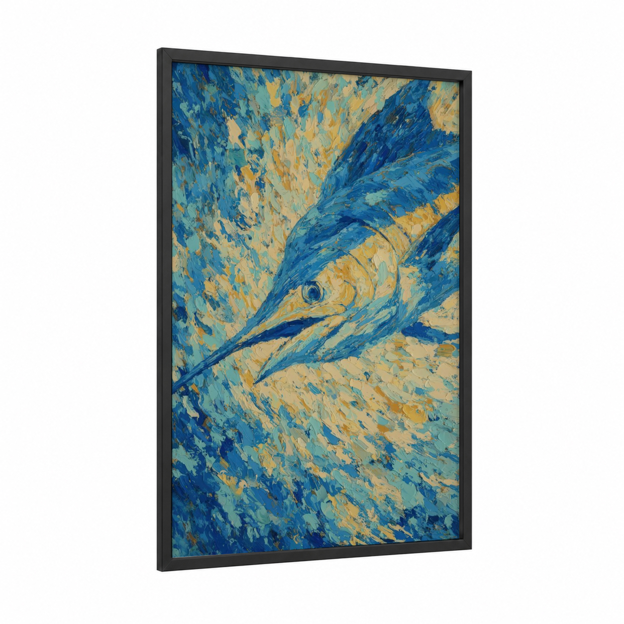 Azure Marlin framed blue marlin print — black wood frame — blue and yellow gold palette