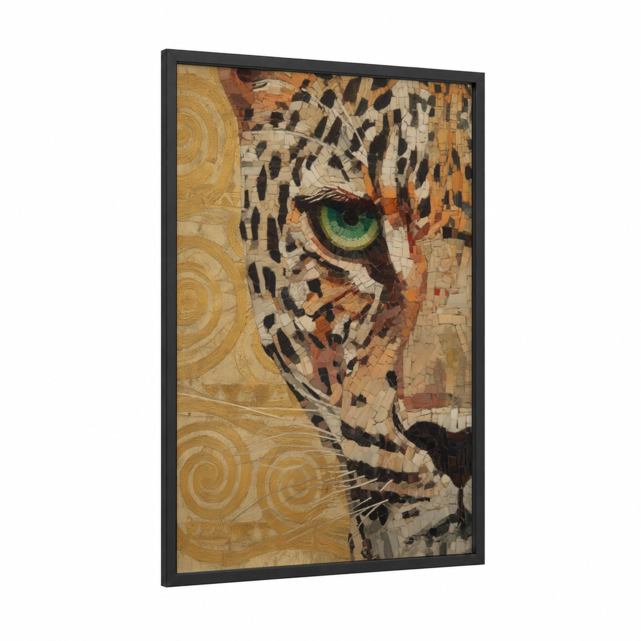 Golden Leopard framed art print — black wood frame — gold and black and white palette
