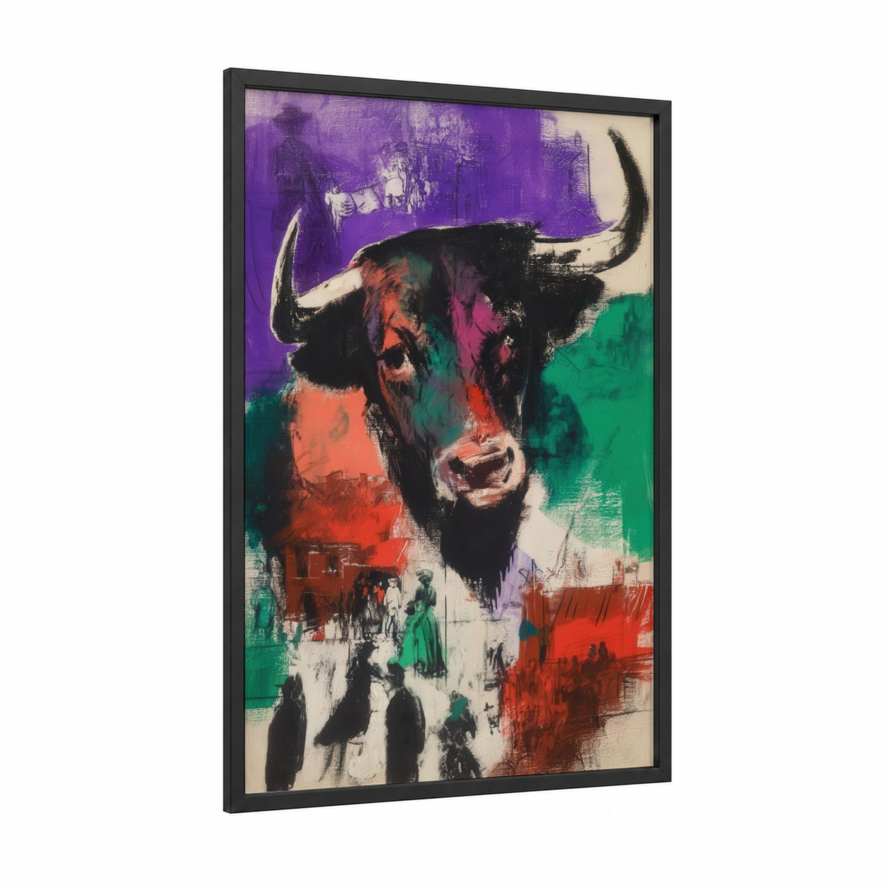 Vibrant Bull Portrait framed art print — black wood frame — purple and green palette