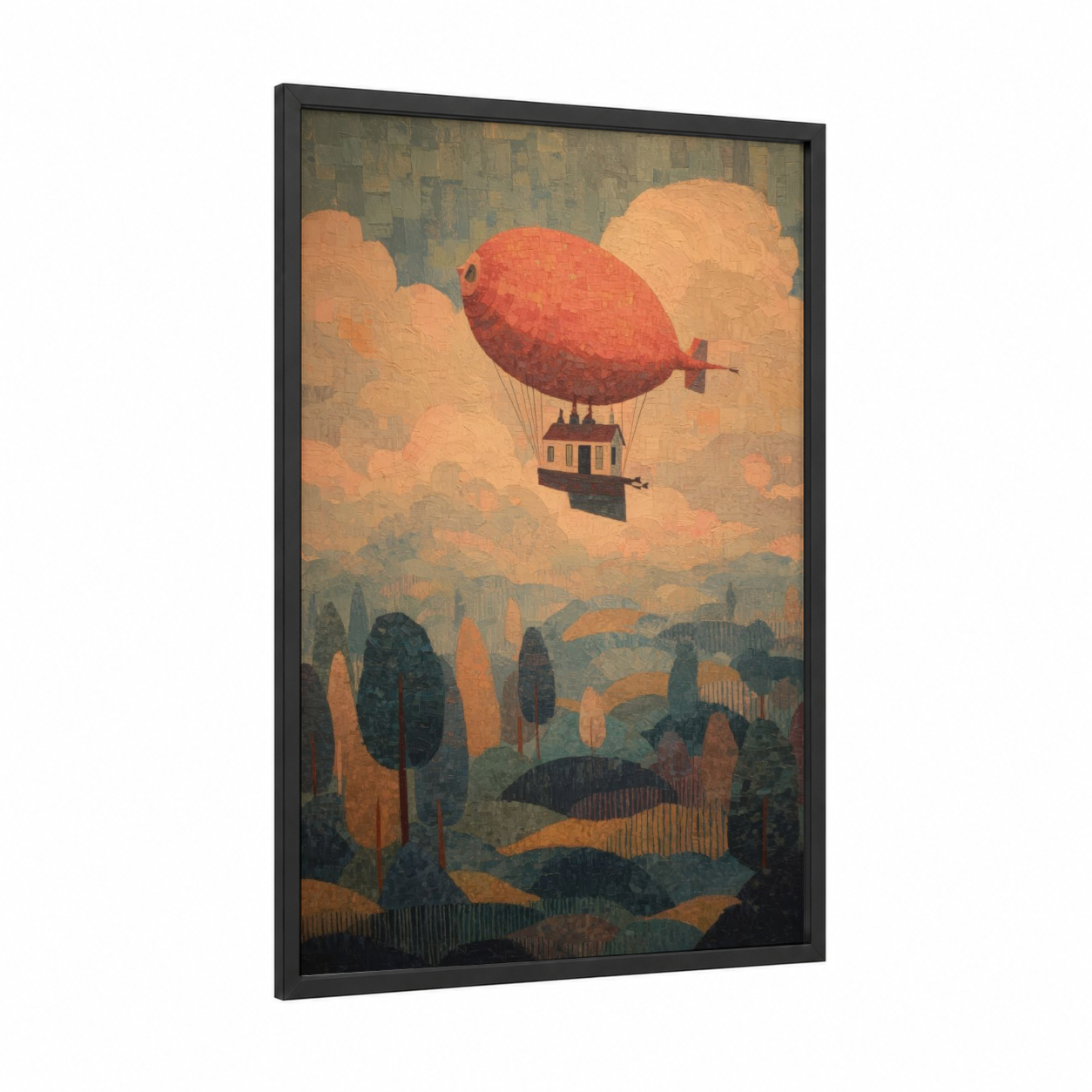Crimson Airship Adventure framed art print — black wood frame — gold and teal palette