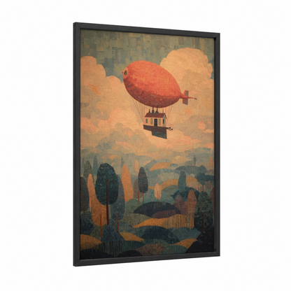 Crimson Airship Adventure framed art print — black wood frame — gold and teal palette