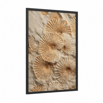 Fossil Shell Pattern framed natural stones print — black wood frame — beige and gold palette