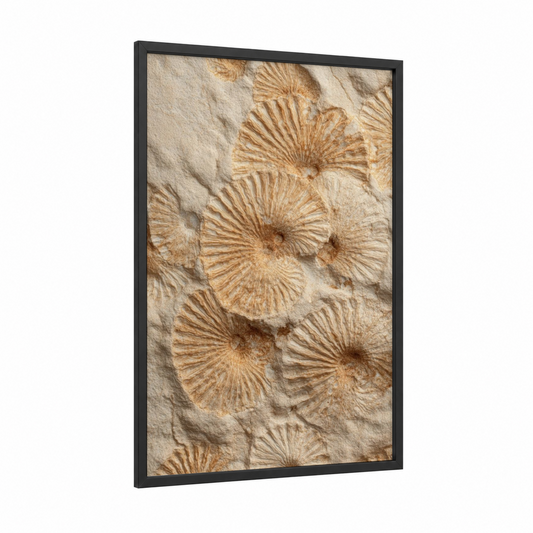 Fossil Shell Pattern framed natural stones print — black wood frame — beige and gold palette