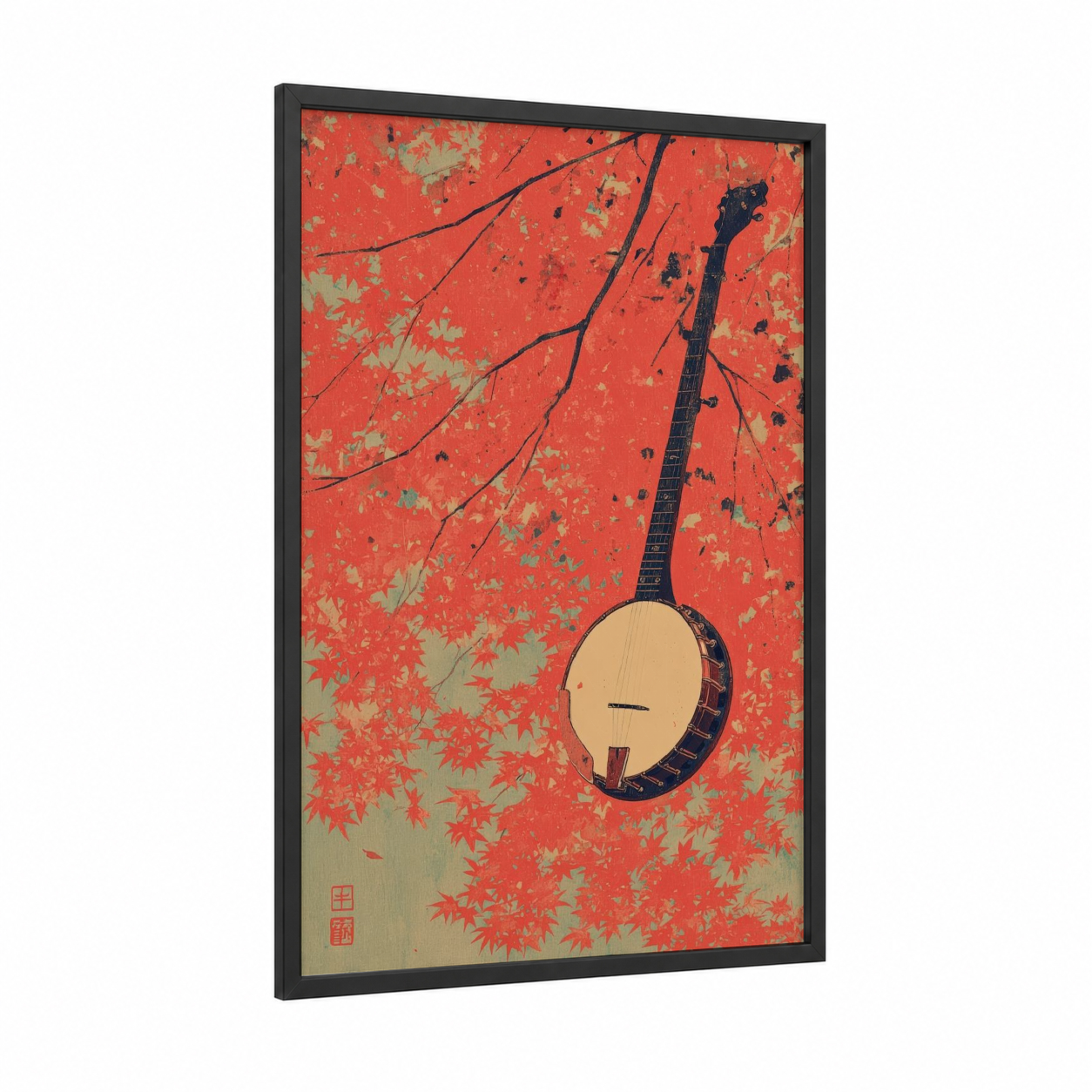 Autumn Banjo framed art print — black wood frame — red and sage green palette