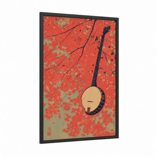 Autumn Banjo framed art print — black wood frame — red and sage green palette