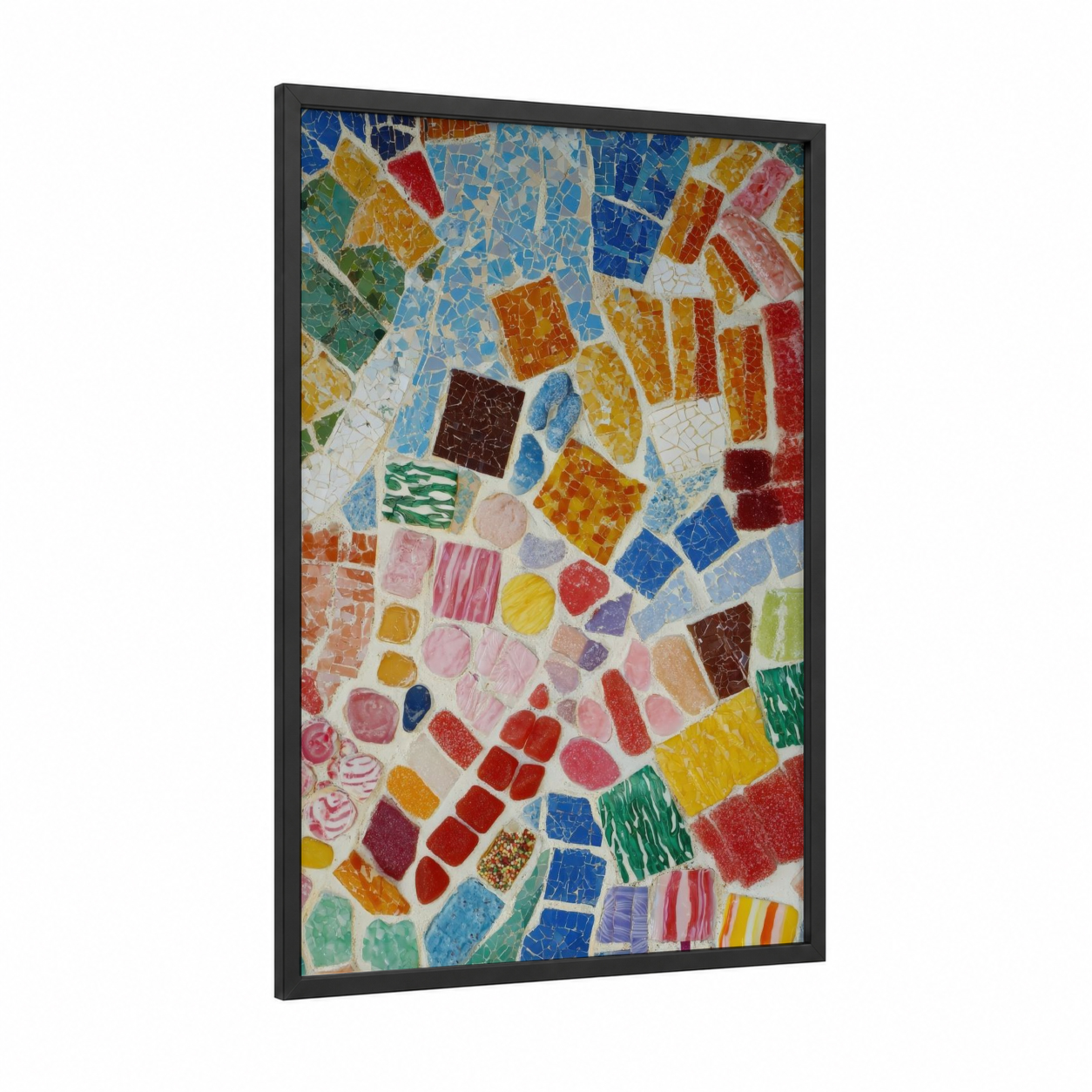 Colorful Mosaic Tiles framed fast food print — black wood frame — blue palette