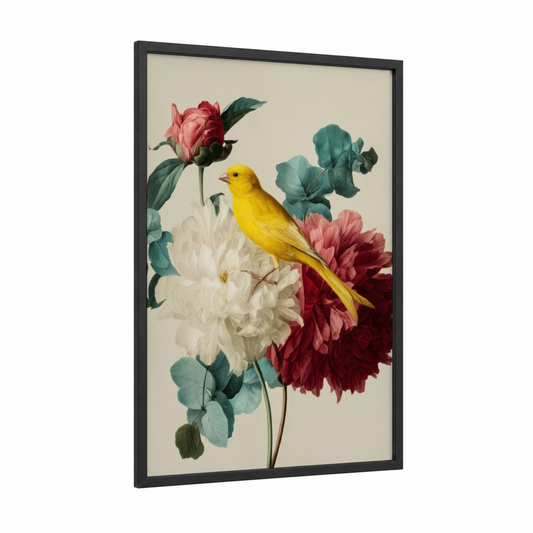 Yellow Canary Blooms framed canaries print — black wood frame — cream and rose gold palette