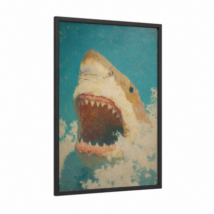 Aggressive Great White framed great white shark print — black wood frame — teal and gold palette