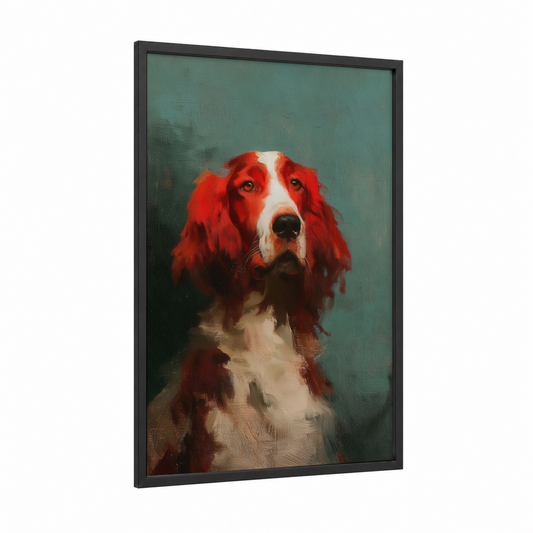 Ruby Spaniel framed art print — black wood frame — red and teal palette
