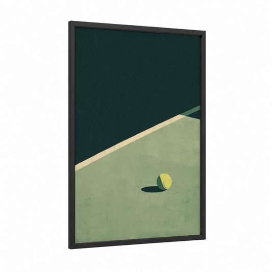 Courtside Minimalism framed tennis print — black wood frame — sage green and yellow palette