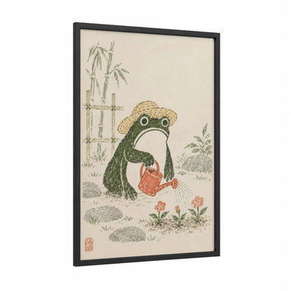 Garden Frog With Watering Can Wall Art framed frogs and toads print — black wood frame — sage green and beige palette