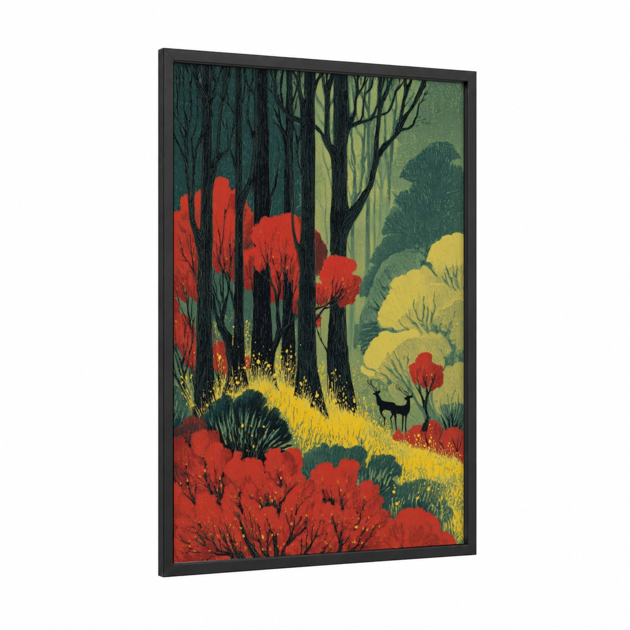 Crimson Woodland Field framed flower field print — black wood frame — red and gold palette