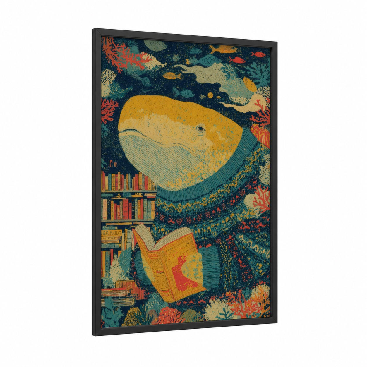 Literary Whale framed sperm whale print — black wood frame — teal and gold palette