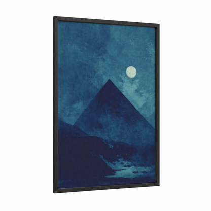 Moonlit Pyramid framed great pyramid of giza print — black wood frame — dark blue and blue palette