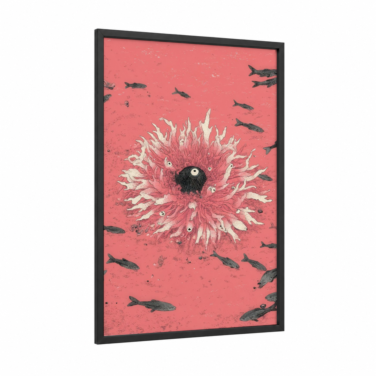 Coral Pink Anemone framed sea anemone print — black wood frame — salmon pink and cream palette