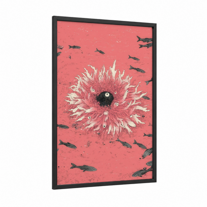 Coral Pink Anemone framed sea anemone print — black wood frame — salmon pink and cream palette