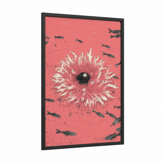 Coral Pink Anemone framed sea anemone print — black wood frame — salmon pink and cream palette