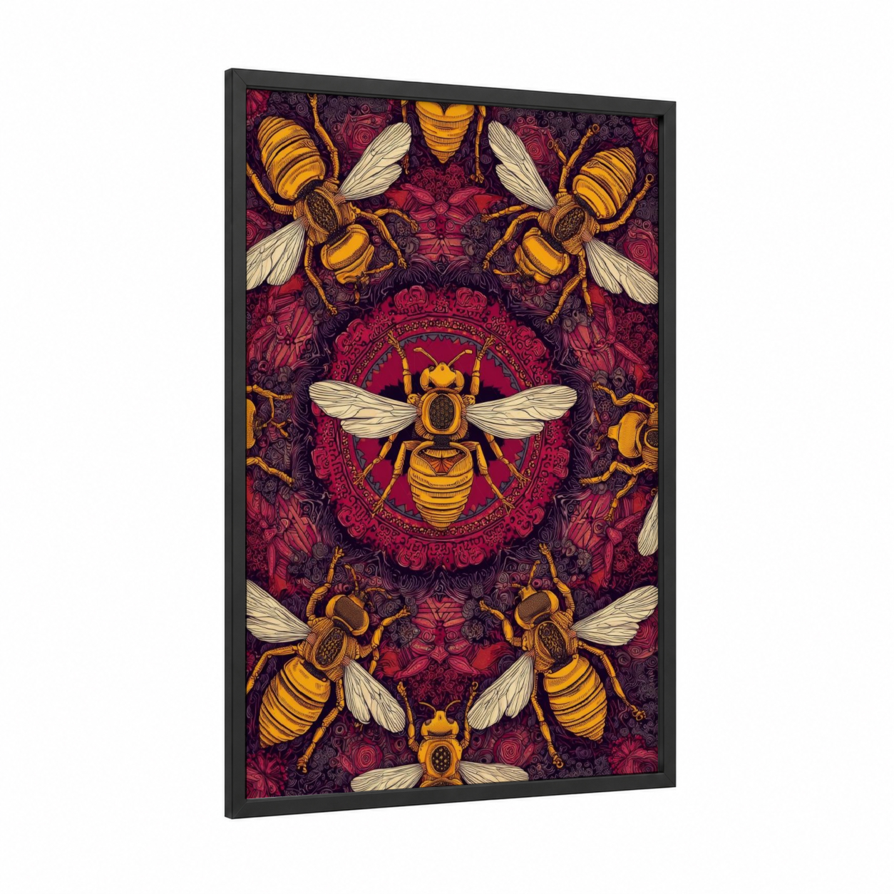 Golden Mandala Wasps framed art print — black wood frame — gold and maroon palette
