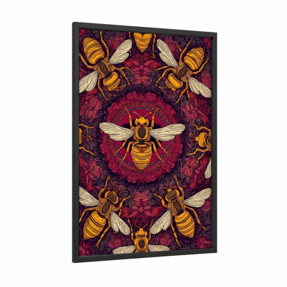 Golden Mandala Wasps framed art print — black wood frame — gold and maroon palette