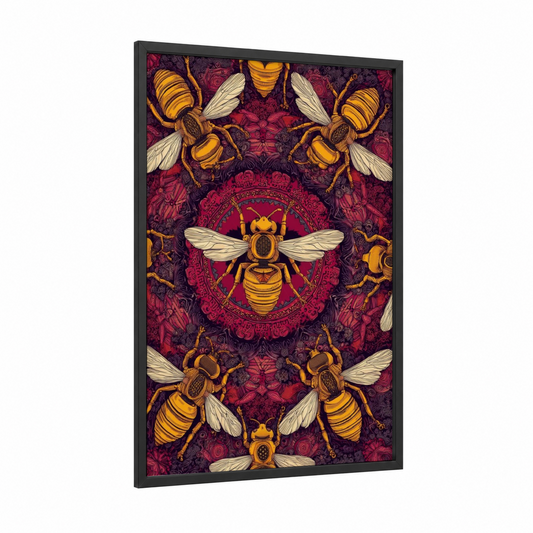 Golden Mandala Wasps framed art print — black wood frame — gold and maroon palette