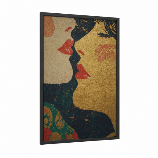Golden Sensuality framed lip print — black wood frame — gold and red palette