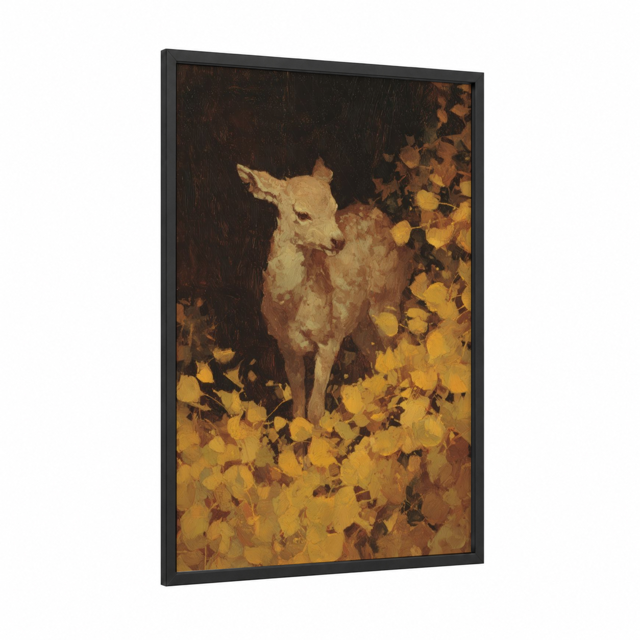 Golden Reindeer framed art print — black wood frame — gold and brown palette