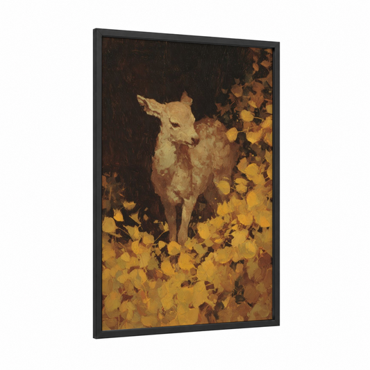 Golden Reindeer framed art print — black wood frame — gold and brown palette