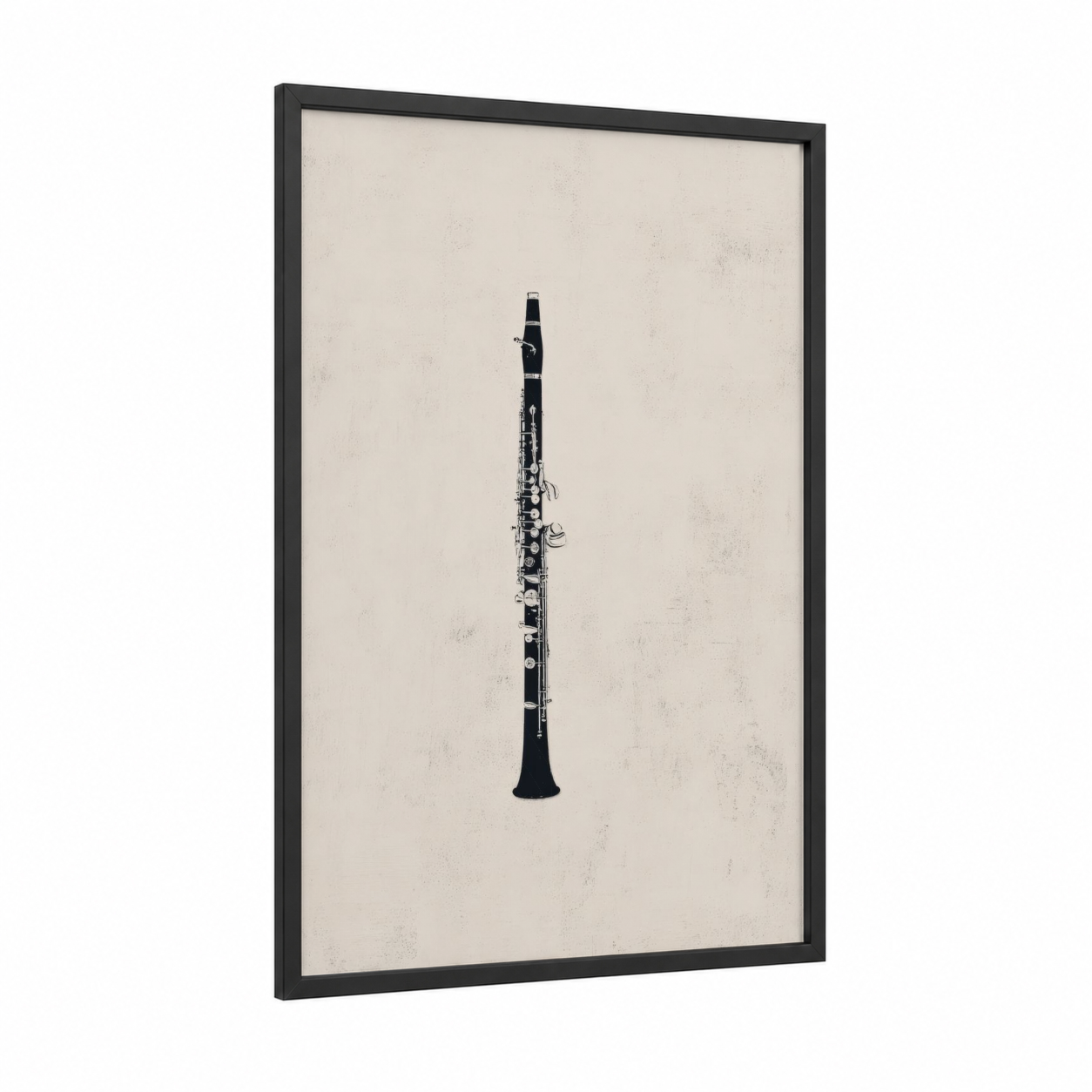 Minimalist Clarinet framed art print — black wood frame — black and white and cream palette