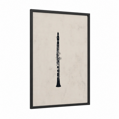 Minimalist Clarinet framed art print — black wood frame — black and white and cream palette