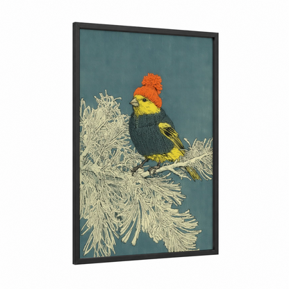 Cozy Canary framed canaries print — black wood frame — teal and yellow gold palette