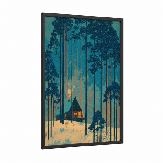 Snowy Cottage Retreat framed art print — black wood frame — teal and gold palette