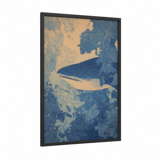 Spotted Whale Shark framed art print — black wood frame — dark blue and cream palette