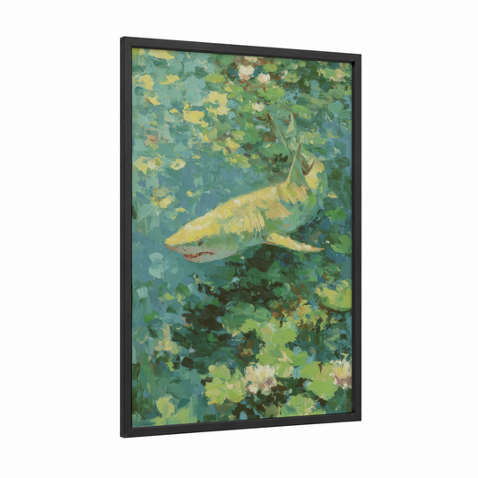 Lemon Shark Lily Pads framed art print — black wood frame — green and yellow gold palette