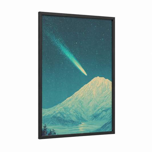 Celestial Comet framed astroids and comets print — black wood frame — teal and gold palette