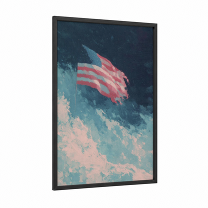 Stormy Patriot Flag framed 4th of july print — black wood frame — blue and salmon pink palette
