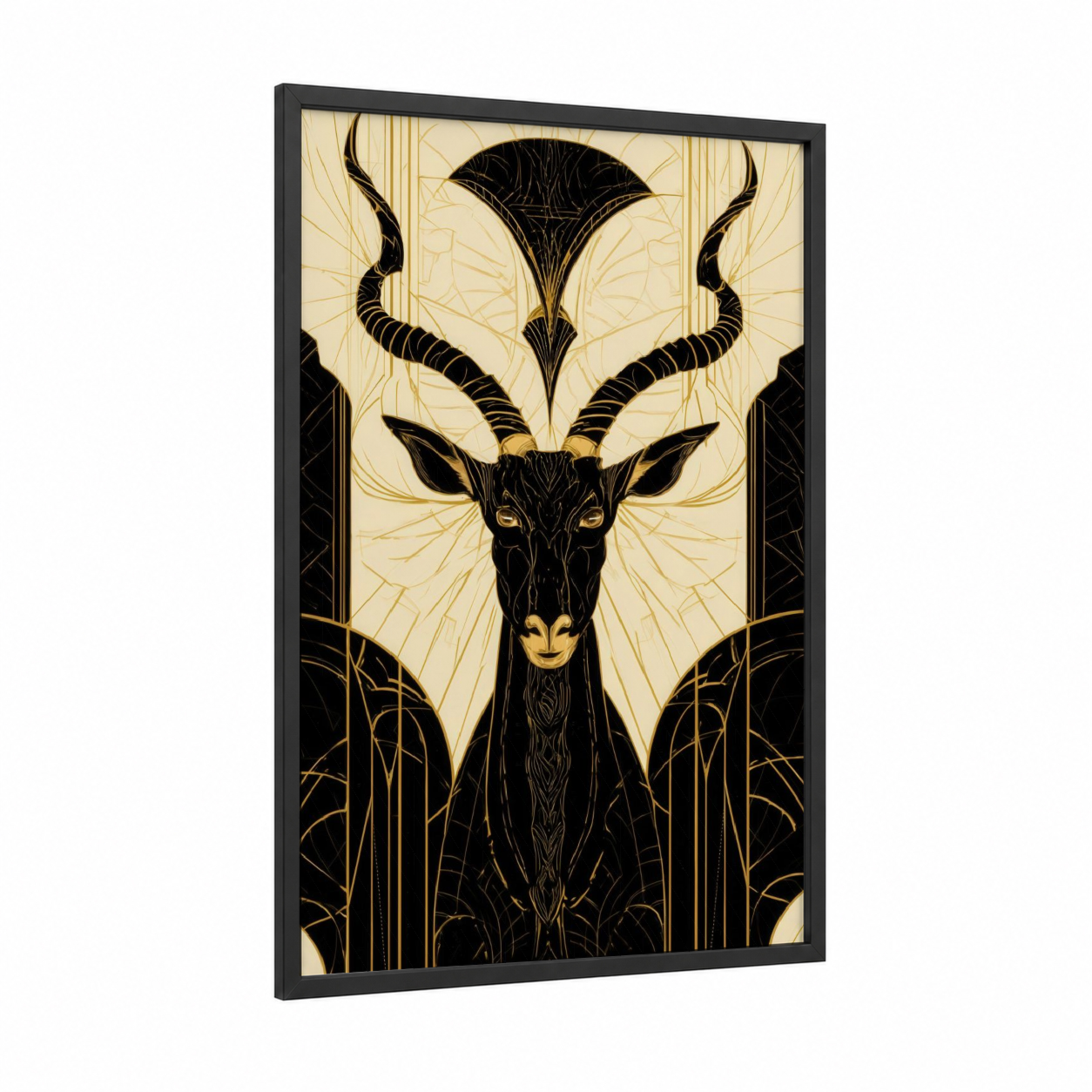 Golden Antelope framed art print — black wood frame — black and gold and cream palette