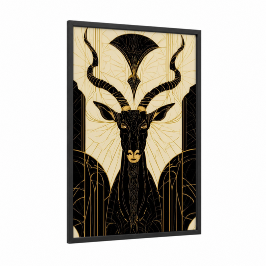 Golden Antelope framed art print — black wood frame — black and gold and cream palette