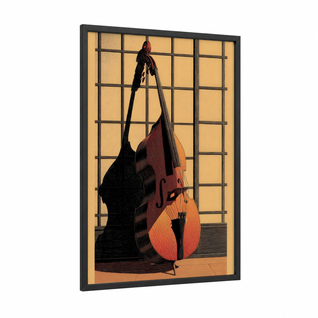 Crimson Bass Elegance framed bass guitar print — black wood frame — russet and orange palette