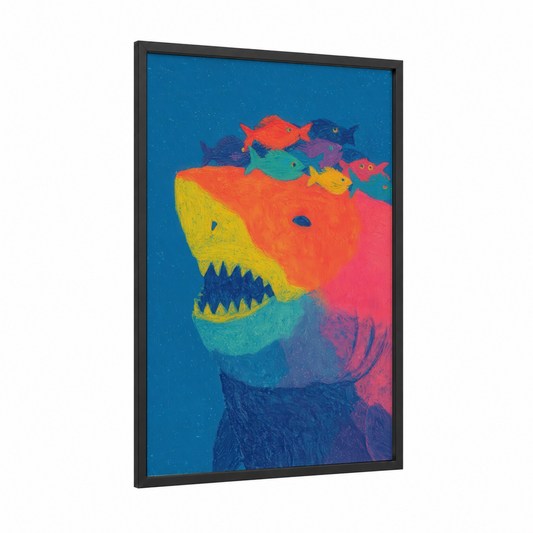 Colorful Basking Shark framed art print — black wood frame — blue and orange palette