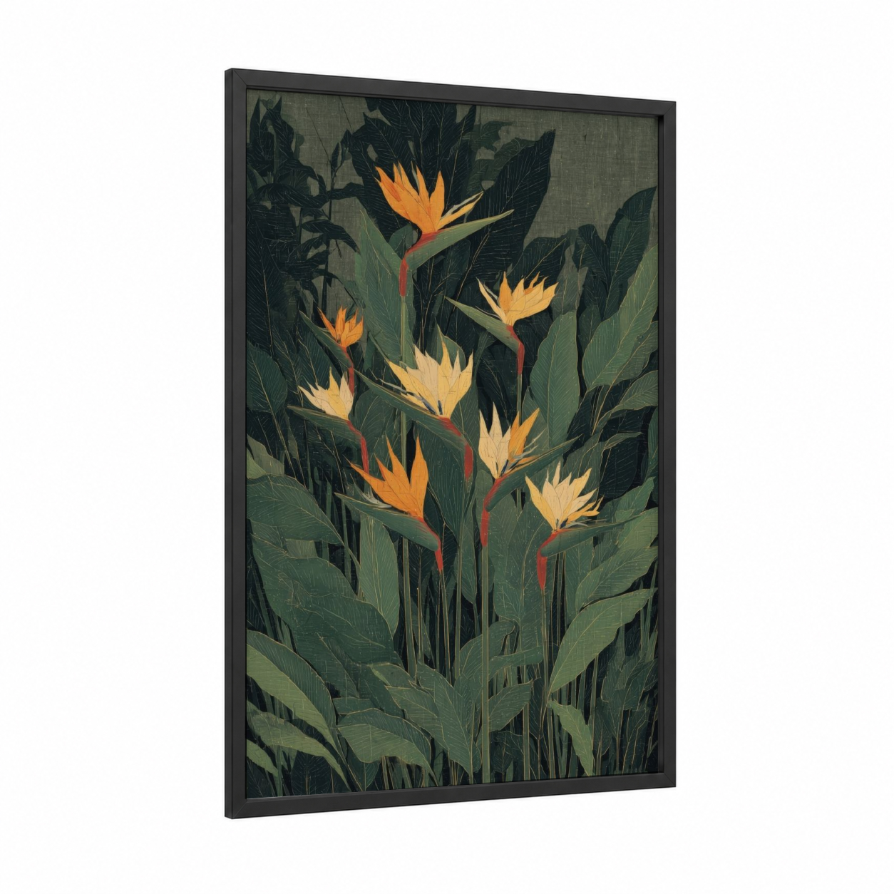 Golden Paradise Blooms framed birds of paradise print — black wood frame — dark green and gold palette